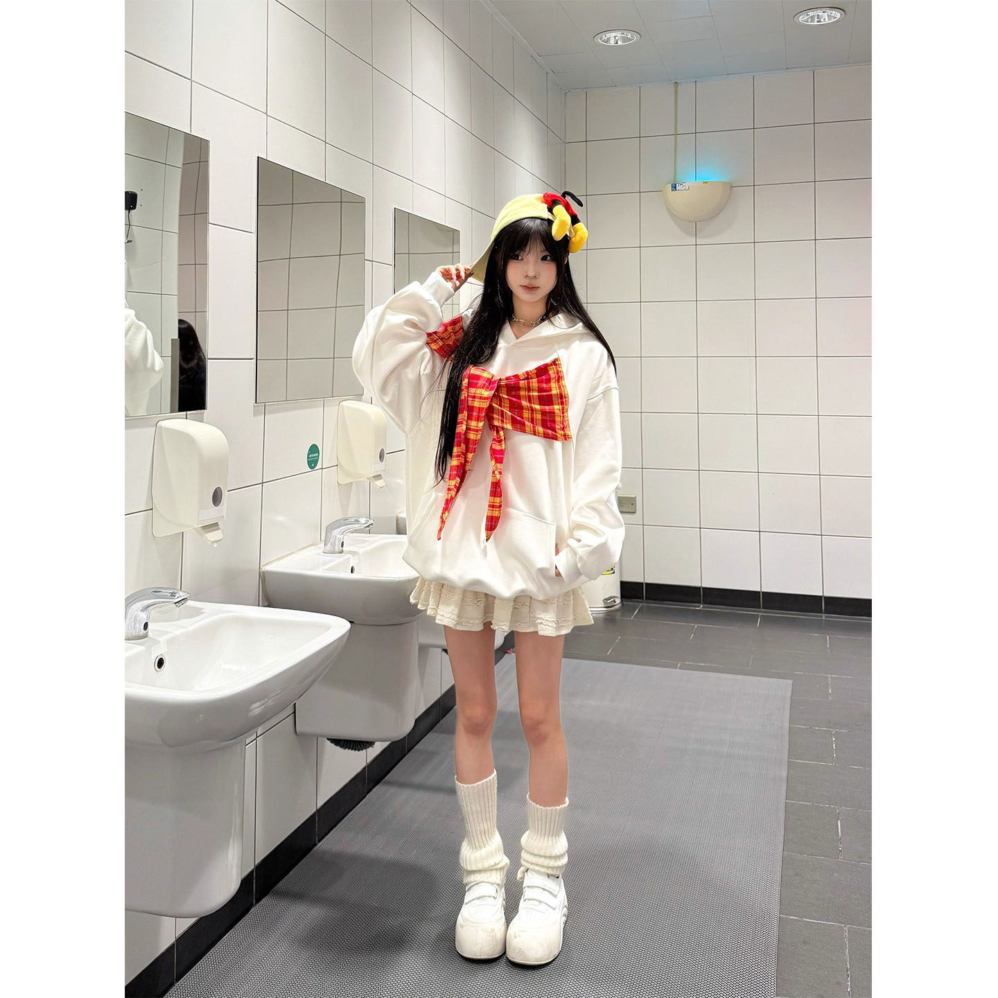 美式复古格子拼接披肩白色连帽卫衣女秋冬云朵绒加绒加厚宽松外套