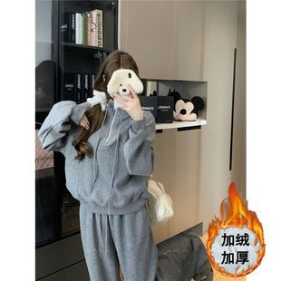 慵懒风休闲运动套装女冬季韩版高级感加绒加厚宽松学院风两件套潮