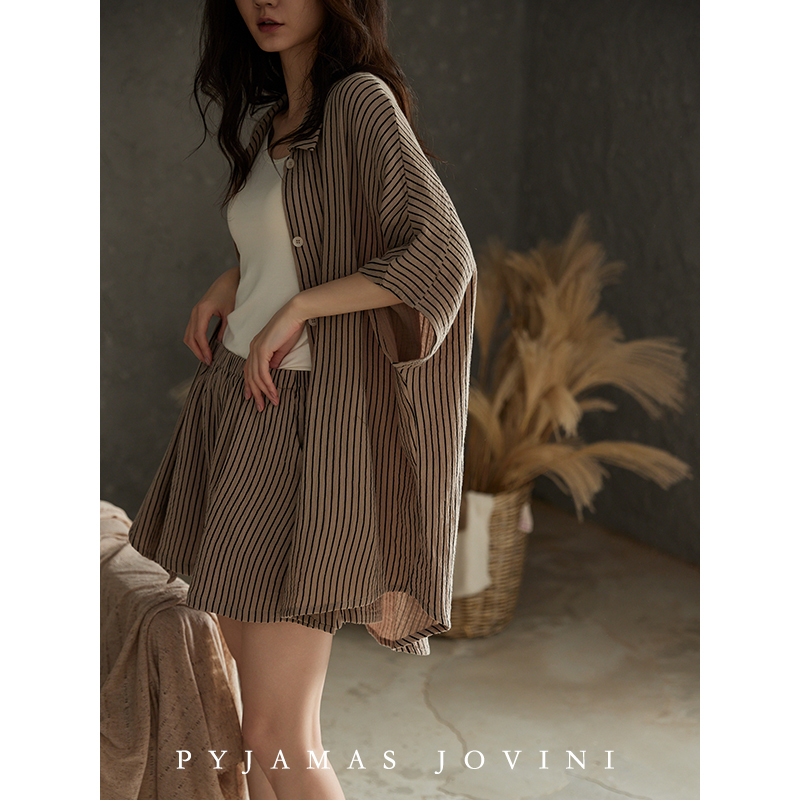 俏薇妮睡衣女夏季款纯棉纱布婴儿棉短袖短裤条纹宽松家居服套装