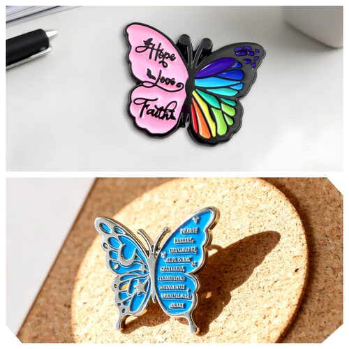 Hope Love Faith 彩虹粉黑蝴蝶励志文字珐琅金属徽章胸针配饰Pins