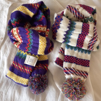 秋冬新款复古毛球围巾彩虹色条纹可爱短款秋冬保暖围脖女韩版百搭