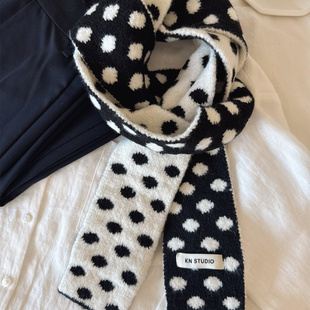 百搭保暖搭配多功能 学生长条围巾围脖简约款 秋冬新款 黑白波点韩版