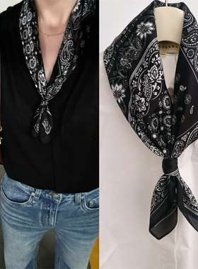黑色腰果花丝巾韩版简约轻熟风气质小方巾秋冬氛围感复古发带领结