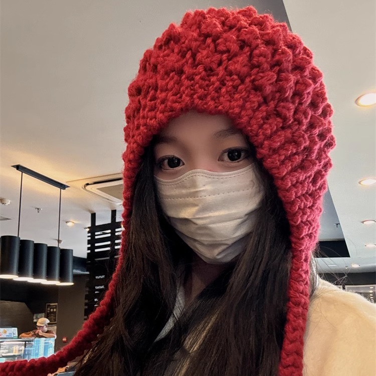 红色帽子女保暖毛线流苏2024冬甜美可爱百搭套头帽手工针织护耳帽