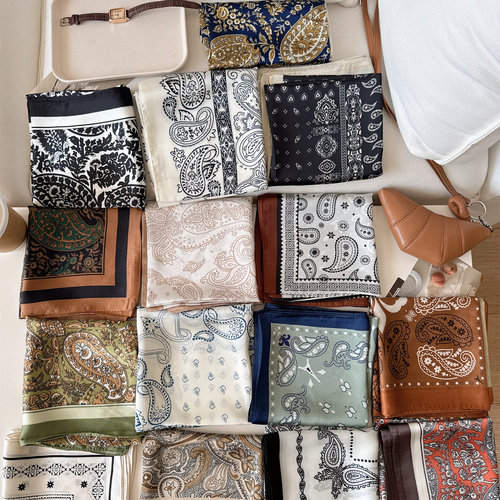 2025秋冬新款时尚百搭装饰包头巾发带领巾腰果花仿真丝小方巾围巾