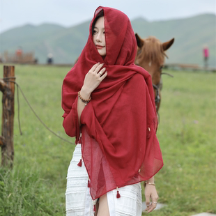 青海西藏色达旅游拍照红色披肩保暖民族风青海湖茶卡盐湖披风围巾