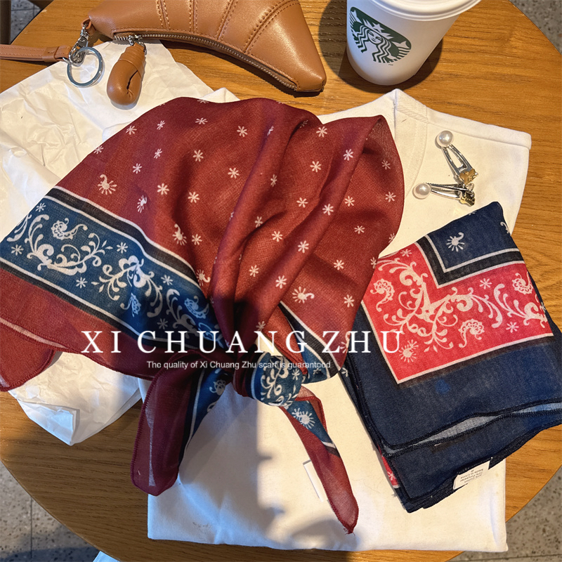 搭配衬衫ins2024头巾发带丝巾小方巾女复古藏青色腰果花棉麻护颈