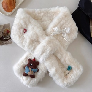 可爱小熊毛绒围巾女冬季韩版百搭保暖交叉围脖学生小毛领子围脖