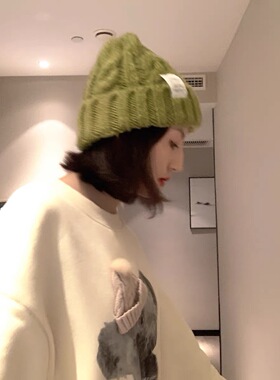 2024年帽子女粗针织毛线帽秋冬季百搭大头围绿色宽松ins潮显脸小