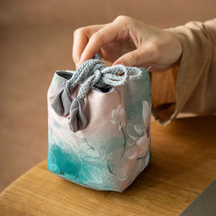 荷花棉麻主人杯单杯袋旅行便携杯套茶杯茶具品茗杯收纳包加厚