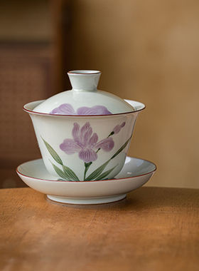 粉彩手绘紫色鸢尾花三才盖碗茶杯家用单个盖碗陶瓷功夫茶具茶碗