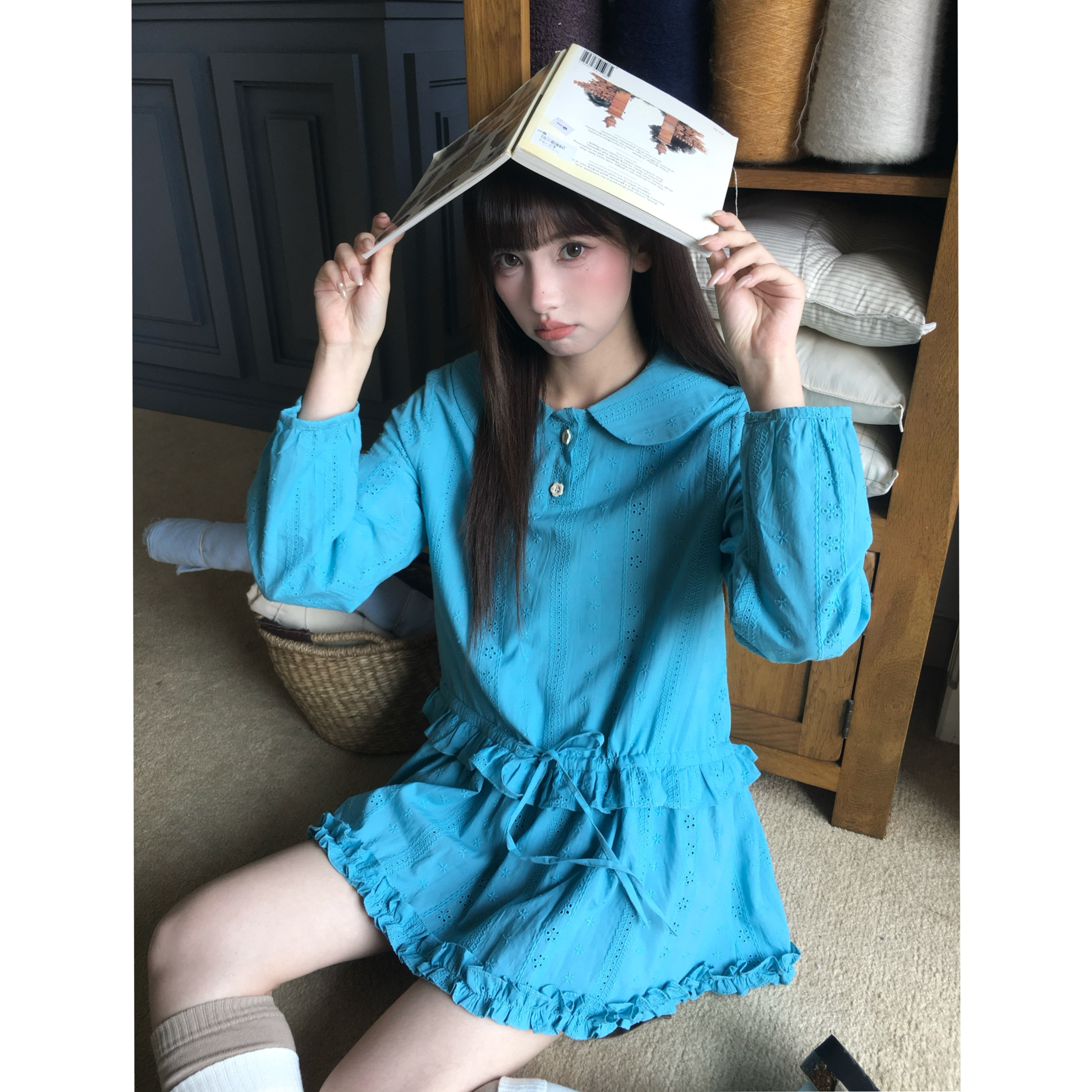 岛屿日记 bm风少女感娃娃领两色长款收腰长袖纯棉百搭衬衫