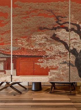 新中式红色阁楼屏风隔断客厅茶室门帘遮挡装饰半透明升降卷帘窗帘