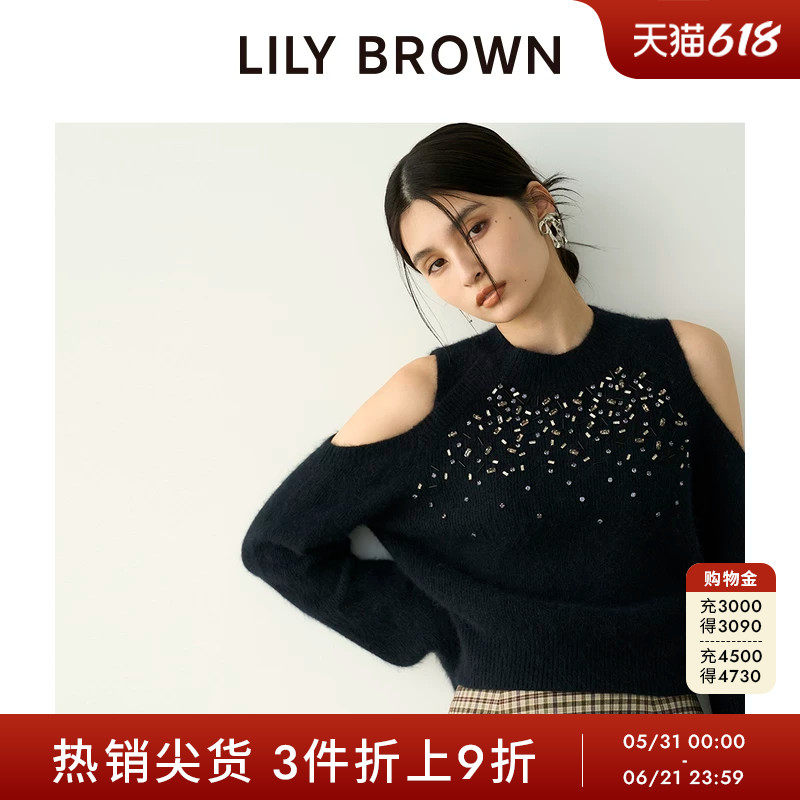 LILY BROWN秋冬款 CANDY甜美钉珠露肩针织上衣LWNT245811