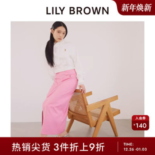 LILY 纯色高腰斜襟开叉直筒半身裙LWFS241158 BROWN春夏款