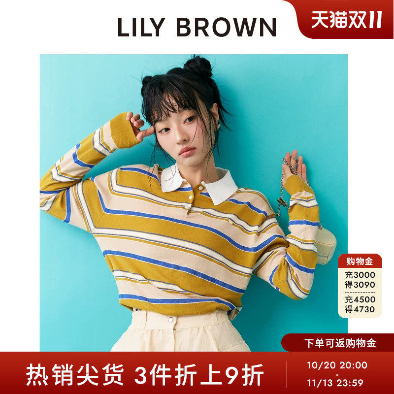 LILY BROWN春夏款航海系条纹翻领长袖POLO衫上衣LWNT251114