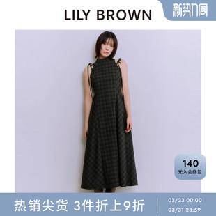 LILY 优雅蝴蝶结肩带收腰格纹连衣裙LWFO255132 BROWN秋冬款