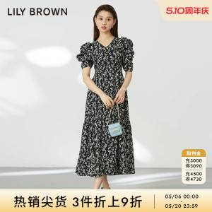 LILY BROWN秋冬款 复古露背泡泡袖小碎花连衣裙LWFO234053