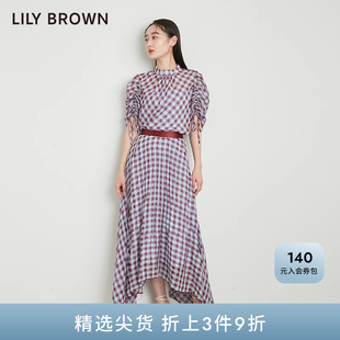 LILY 上衣LWFT231268 BROWN春夏款 甜美抽褶格纹气质雪纺衬衫