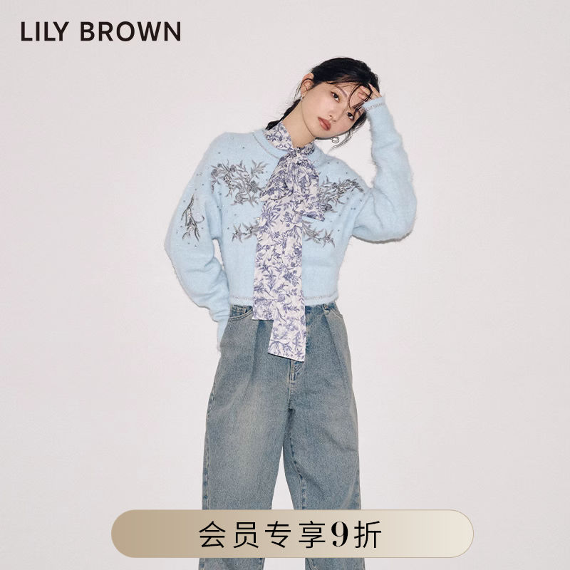 LILY BROWN2023秋冬新品 甜美软糯格纹刺绣短针织开衫LWND235028