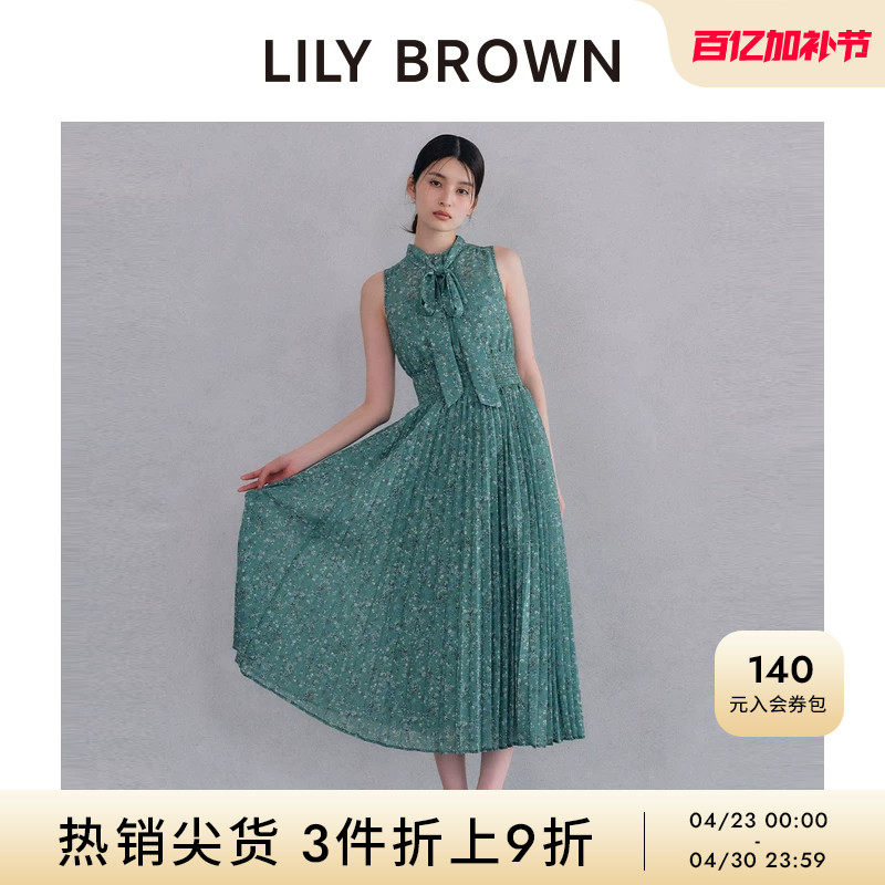 LILY BROWN春夏款蝴蝶结领无袖印花百褶连衣裙LWFO252076