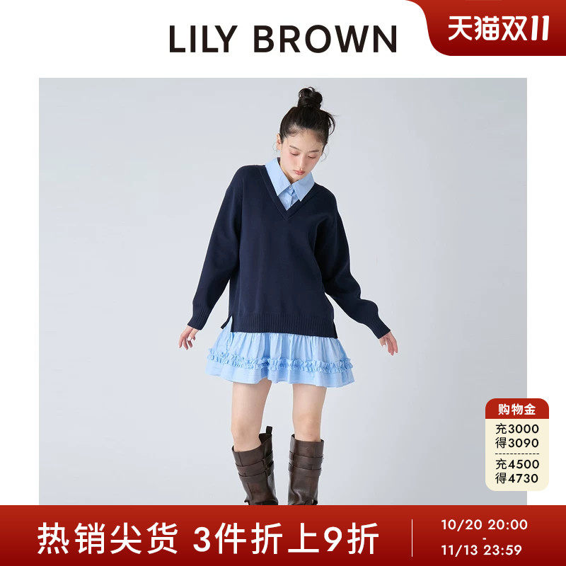 LILY BROWN2026春夏新品衬衫拼接假两件A字针织连衣裙LWNO261093