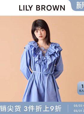 LILY BROWN秋冬款V领系带棉质荷叶边收腰连衣裙LWFO254072
