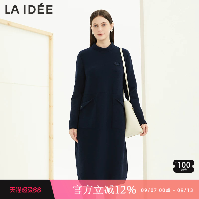 LAIDEE/罗兰伊杜连衣裙复古休闲刺绣简约保暖长款典雅气质女裙秋