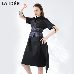 LAIDEE/罗兰伊杜连衣裙休闲中长款飘带纯色文艺气质短袖优雅裙女