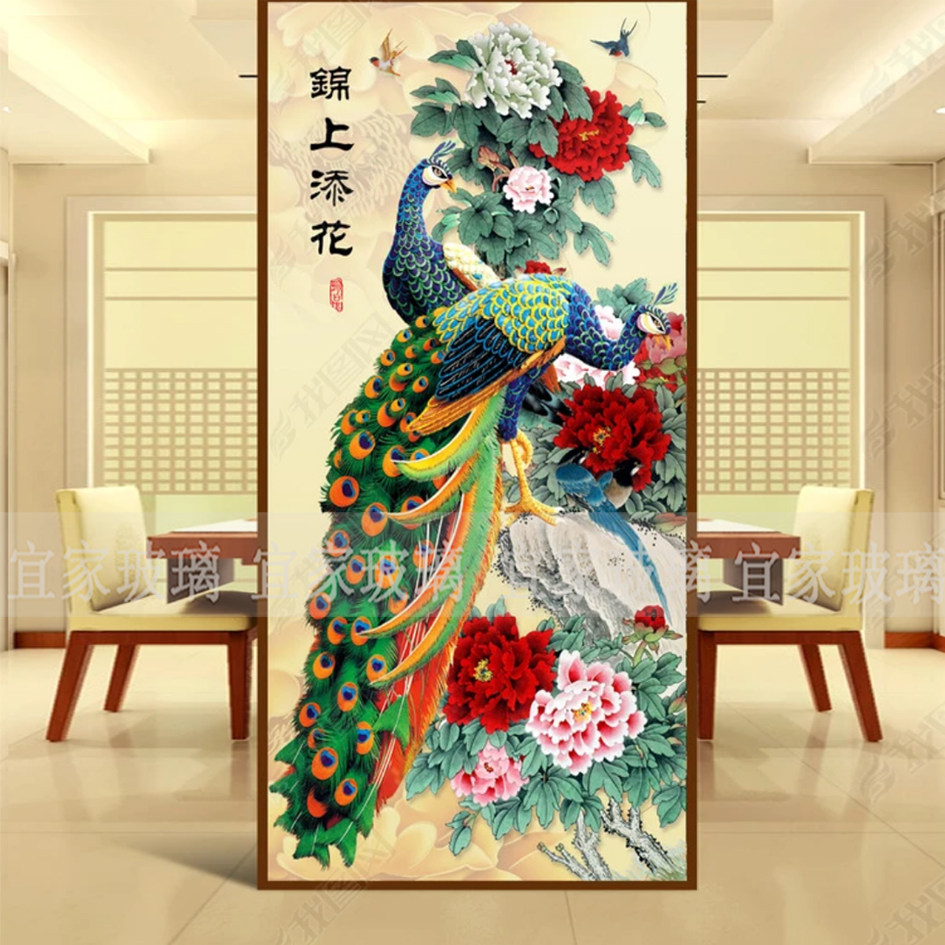 艺术玻璃玄关新中式孔雀牡丹花隔断屏风鞋柜移门钢化玻璃工艺雕刻