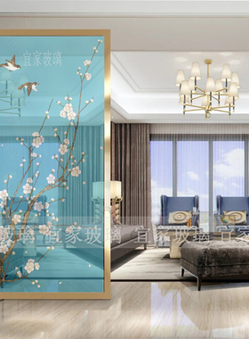 上海艺术玻璃玄关夹绢双层防爆玻璃新中式花鸟蓝色隔断屏风移门