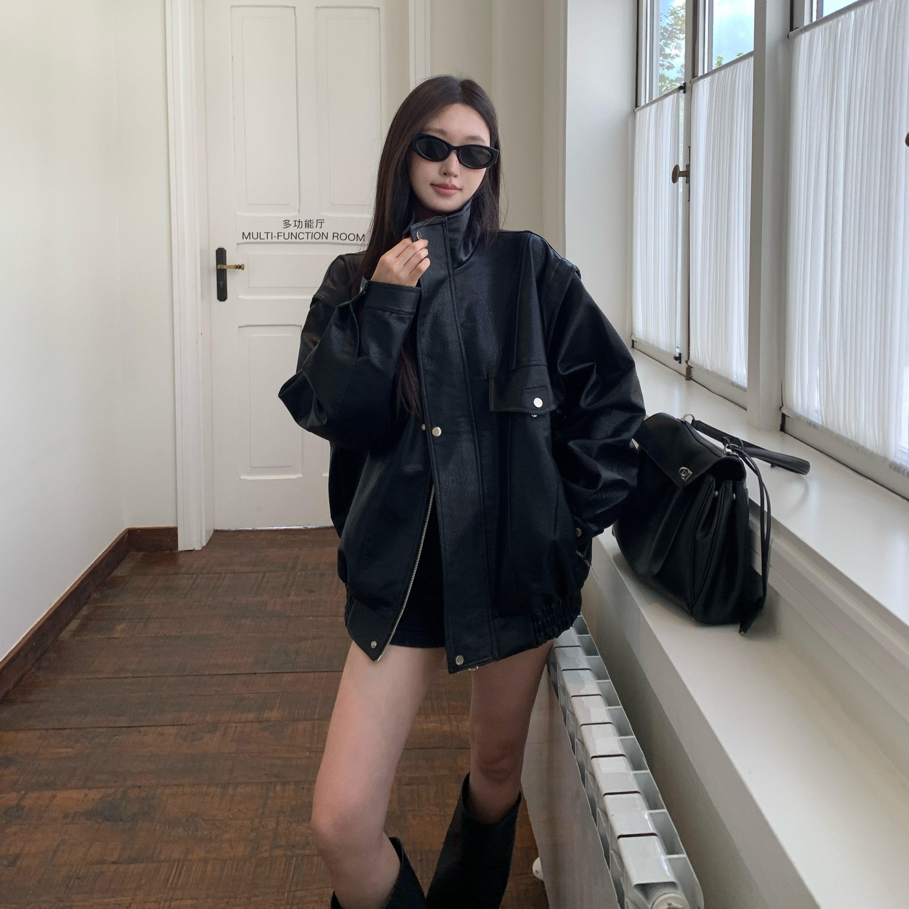 宽松落肩百搭机车服皮衣