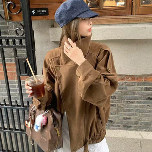 2025秋冬新款 美拉德机车服夹克外套女小个子复古机车麂皮绒上衣