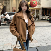 工装 美拉德复古咖色麂皮机车服外套女2025秋季 新款 皮夹克上衣外套