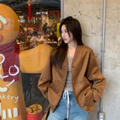 宽松美式 2025春款 麂皮棒球服外套女新款 复古上衣休闲V领机车夹克