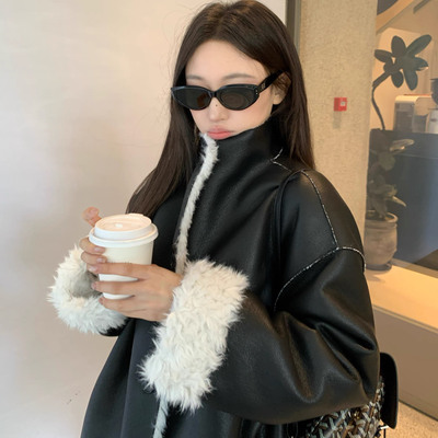 2025冬季新款设计感PU皮中长款大衣环保羊羔毛皮毛一体毛毛外套女