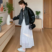 2025新款 黑色复古短款 皮衣穿搭翻领pu机车服正肩皮夹克小个子外套