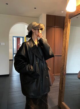 2026春季新款高品质荔枝纹上衣显瘦PU皮廓形西装中长款皮衣外套女