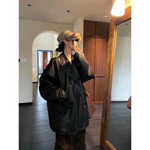 中长款 高品质荔枝纹上衣显瘦PU皮廓形西装 皮衣外套女 新款 2026春季