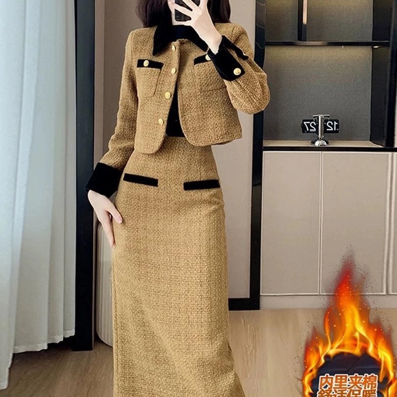 黑色短款小香风外套两件套女装感秋冬新款洋气套装裙