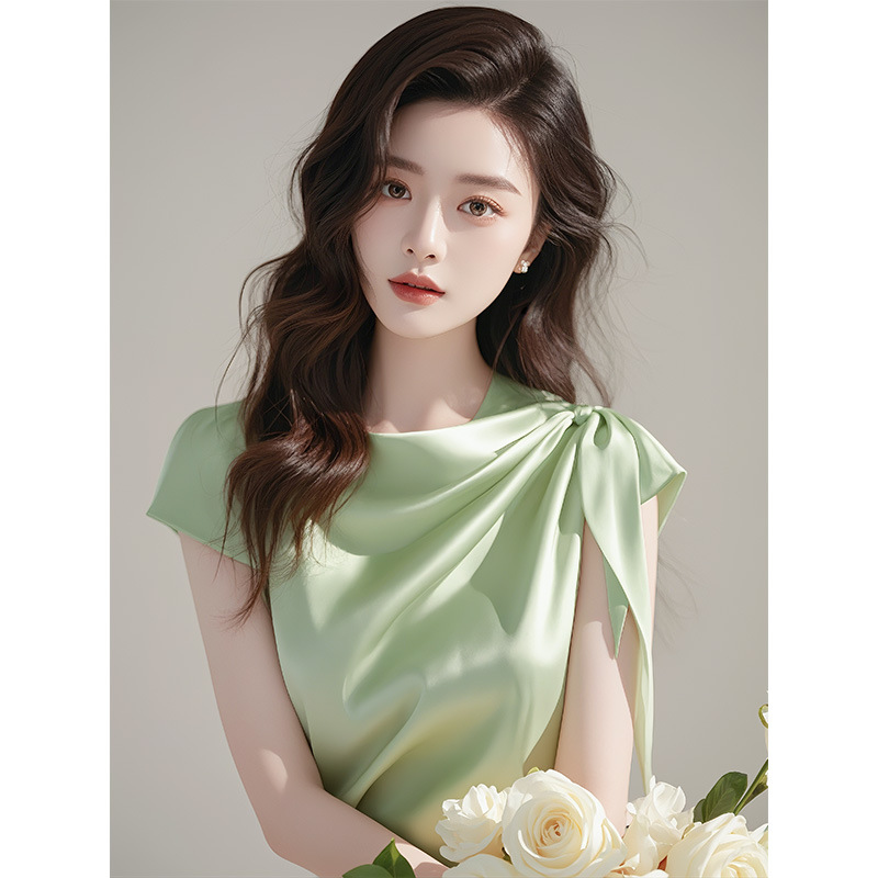 2025夏季独特漂亮绿色荡领衬衫女洋气高端轻熟法式小众绝美小