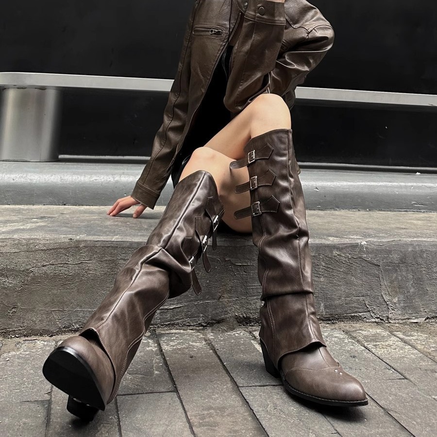 现货~皮带扣长靴女2025新款朋克风尖头西部牛仔靴复古百搭骑士靴