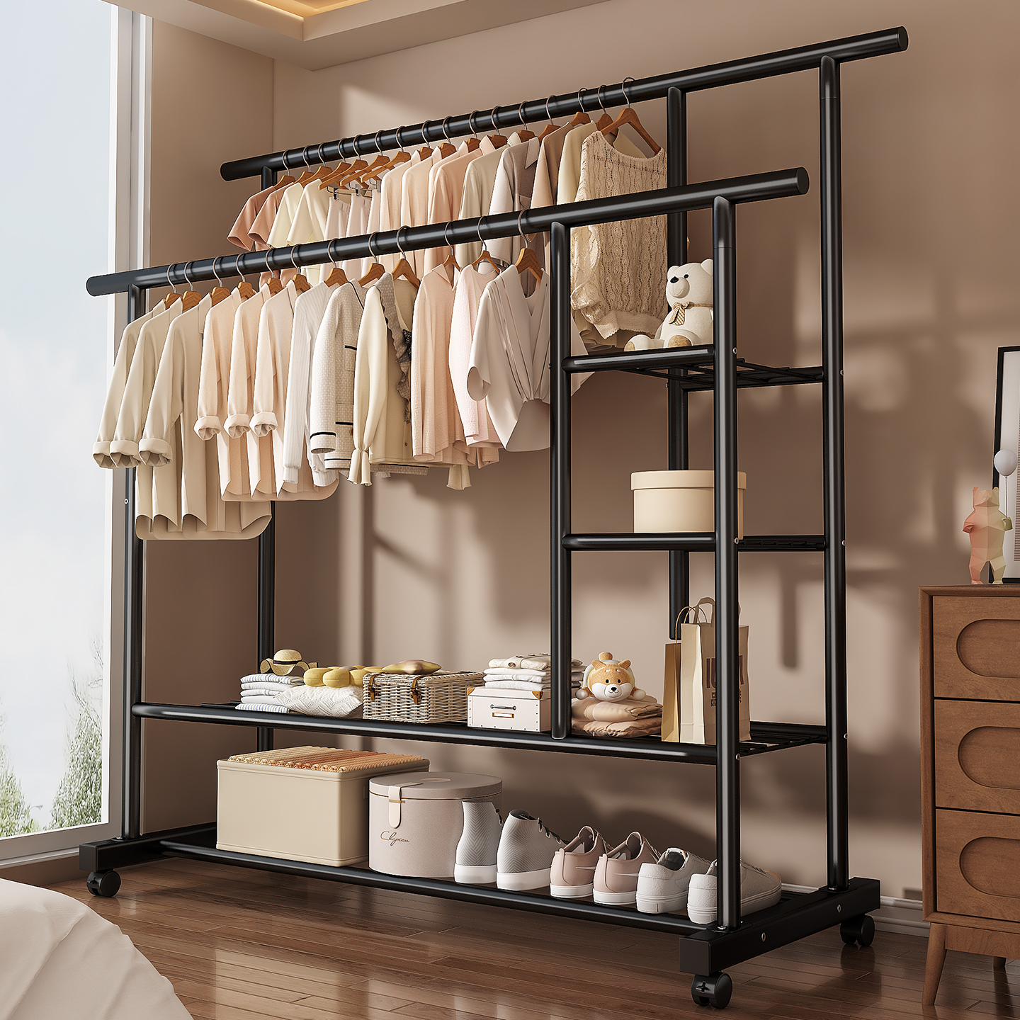 【分区收纳晾晒】移动晾衣架家用