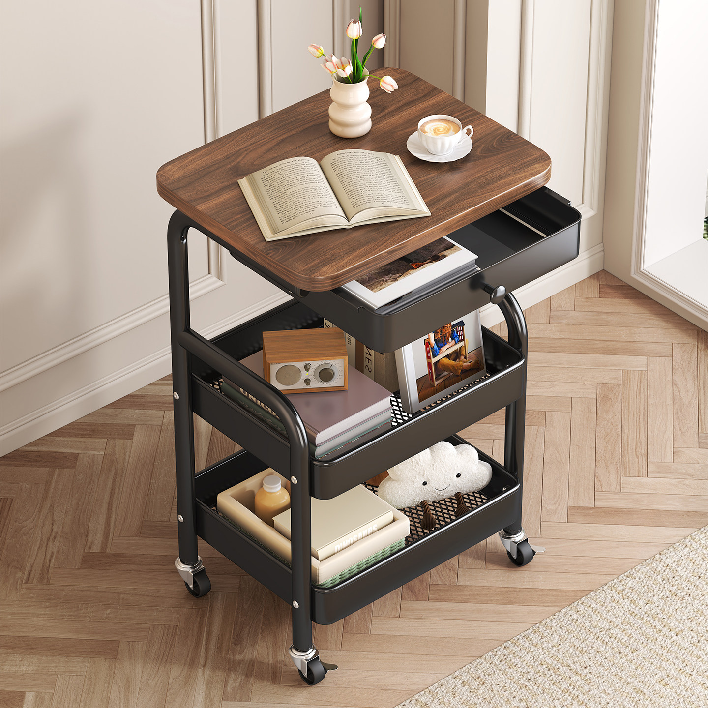 中古风小推车置物架落地零食收纳架客厅沙发边几茶几床头柜储物架,住宅家具,移动边几/推车,淘宝优惠券,粉丝福利购,淘宝优惠卷
