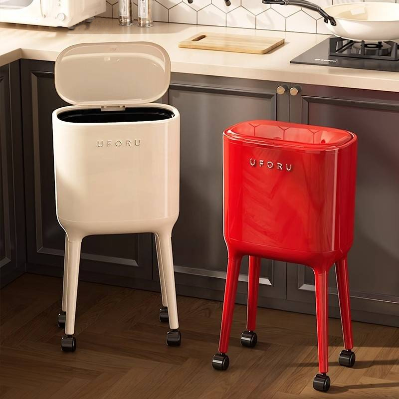 厨房垃圾桶家用2025新款免弯腰高脚大容量带盖带轮可移动高颜值
