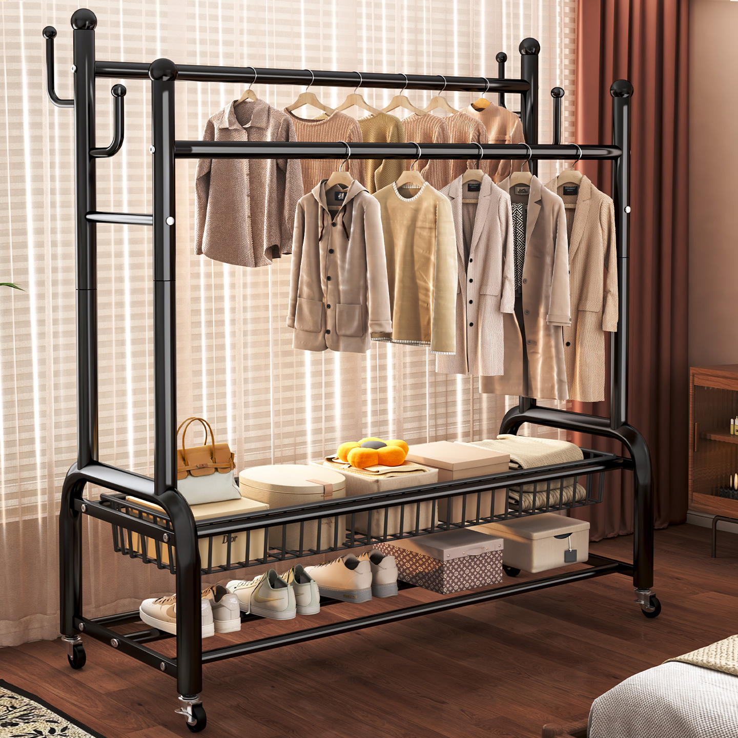 晾衣架落地卧室家用挂衣架室内简易移动衣帽架阳台晒衣服架子