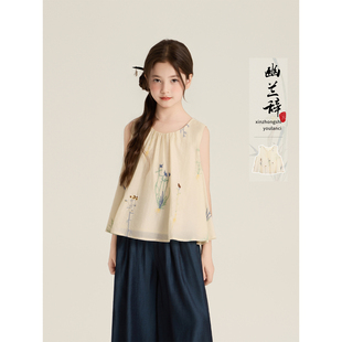 Amybaby女童上装夏季2025新款森系田园风轻盈透气碎花无袖上衣