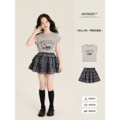 洋气休闲卡通印花T恤格子半身裙 2025新款 Amybaby女童套装 夏季