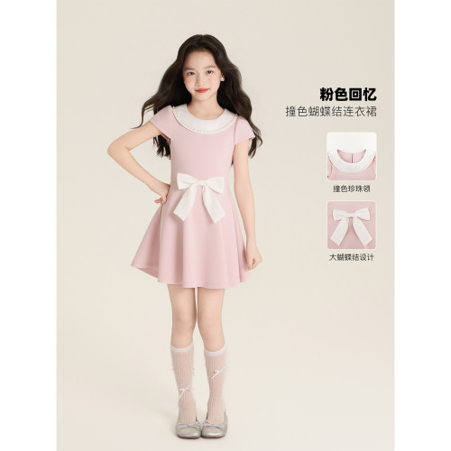 Amybaby女童裙子夏季2026新款撞色蝴蝶结气质翻领钉珠连衣裙