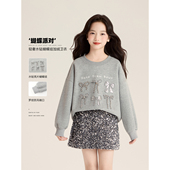 Amybaby女童上衣冬季 2025新款 轻奢风百搭蝴蝶结水钻加绒宽松卫衣